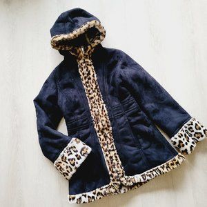 HAWKE & CO faux suede and animal print fur hooded zip coat